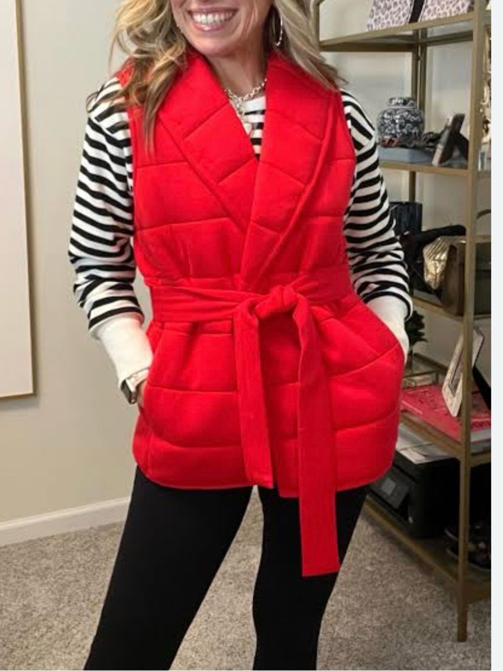 New Spanx M Red air essentials puffer belted snap closure classic vest gorpcore
